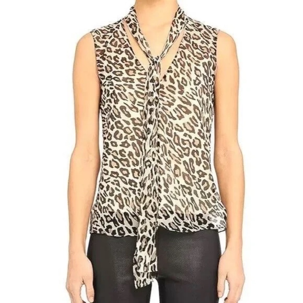 NWT Theory Women's Ivory Multi Leopard Sleeveless Crinkle Tie Blouse Medium M